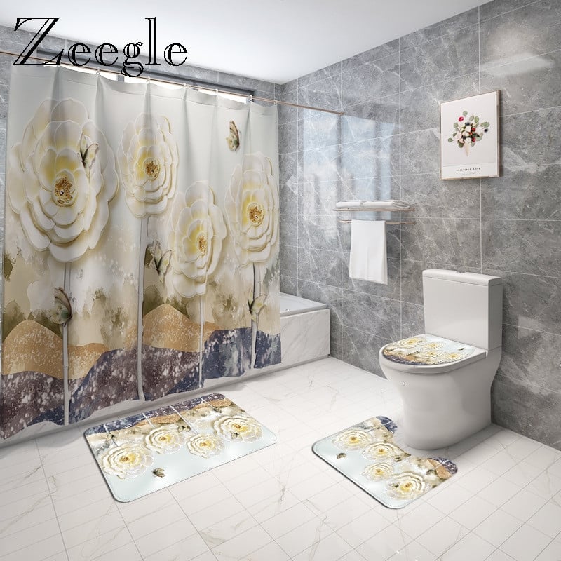 Tradicionalni stil Cvjetne prostirke za kupanje i set zavjesa za tuširanje Flanelski jastuk za WC sjedalo Set kupaonskih prostirki Upijajuća prostirka za tuširanje