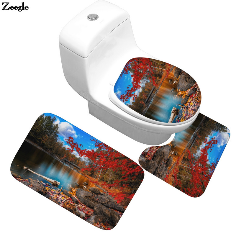 Prostirka za kupaonicu u stilu prirodnog krajolika Od mikrovlakana Navlaka za WC školjku Set kupaonskih tepiha Neklizajuća prostirka za noge Komplet upijajućih WC prostirki