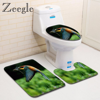 Zeegle 3d Birds Pattern Σετ Τουαλέτας Χαλάκι Τουαλέτας Τύπος U Χαλί Βάθος Χαλί Καπάκι Τουαλέτας Κάλυμμα ποδιών τουαλέτας Χαλί τουαλέτας Απορροφητικό αντιολισθητικό χαλί