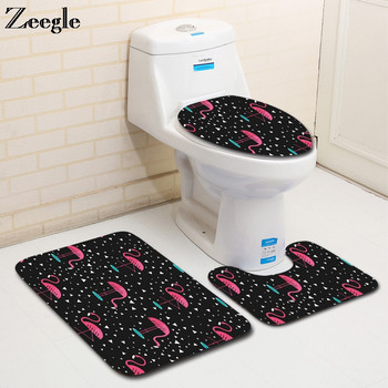 Zeegle Flamingo Series Pattern Килими за баня 3 броя Нехлъзгащи се подови подложки Микрофибърни подложки за баня Миещи се тоалетни килими Покривало на капака