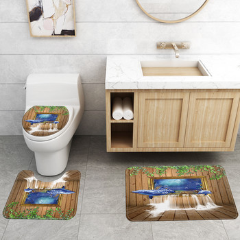 Комплект постелки за баня с 3D печат със завеса за душ Неплъзгащ се килим за баня Абсорбираща мемори пяна Покривало за тоалетна седалка Подложка за крака за душ