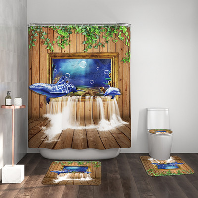 3D drukāts vannas paklāja komplekts ar dušas aizkaru, neslīdošs vannas istabas paklājs, absorbējošs Memory Foam tualetes sēdekļa pārklāja paklājiņš dušas kāju paklājiņš