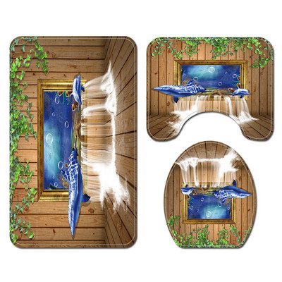 3D drukāts vannas paklāja komplekts ar dušas aizkaru, neslīdošs vannas istabas paklājs, absorbējošs Memory Foam tualetes sēdekļa pārklāja paklājiņš dušas kāju paklājiņš