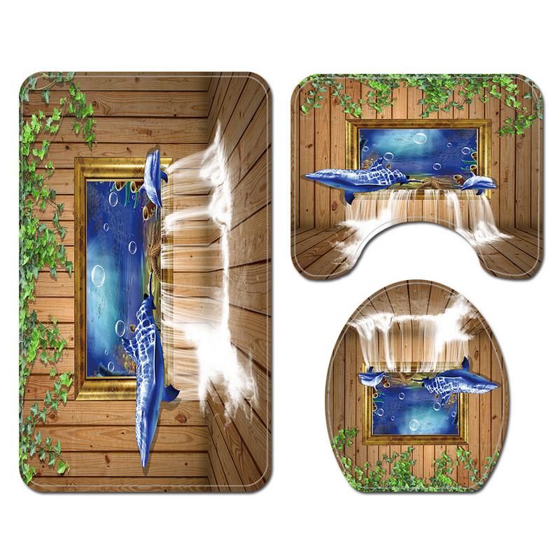 3D drukāts vannas paklāja komplekts ar dušas aizkaru, neslīdošs vannas istabas paklājs, absorbējošs Memory Foam tualetes sēdekļa pārklāja paklājiņš dušas kāju paklājiņš