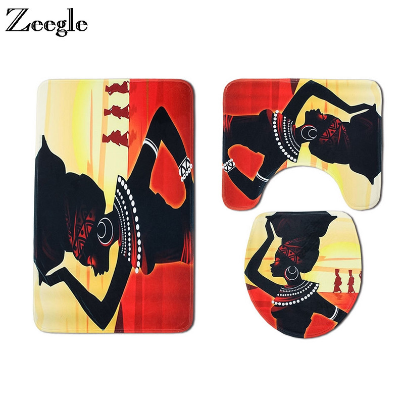 Zeegle Afrički ženski uzorak Kupaonske prostirke 3kom Tepih Kupaonska upijajuća navlaka WC prostirke Prostirke za tuš kabinu Protuklizne kupaonske prostirke