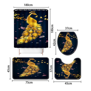 Комплект постелки за баня с принт на златен паун Тоалетна постелка за баня с комплект завеси за душ Модерен домашен декор Килимчета за баня