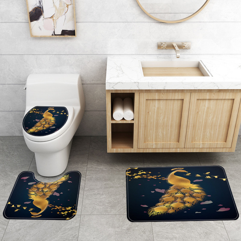 Set kupaonskih prostirki s otisnutim zlatnim paunom i toaletnom prostirkom za kupaonicu s kompletom zavjesa za tuširanje Moderni kućni dekori Kupaonske prostirke za kupanje