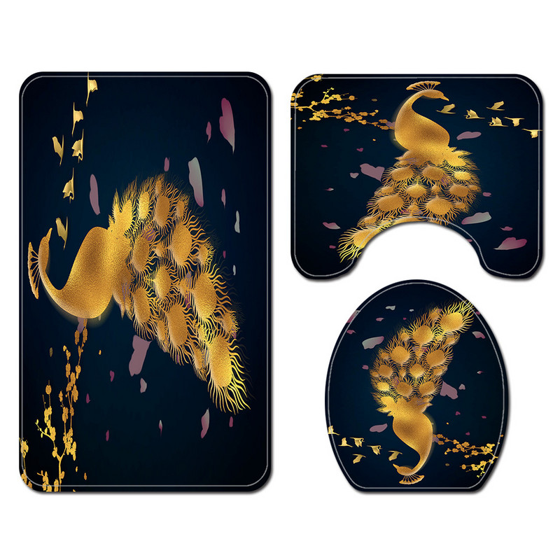 Set kupaonskih prostirki s otisnutim zlatnim paunom i toaletnom prostirkom za kupaonicu s kompletom zavjesa za tuširanje Moderni kućni dekori Kupaonske prostirke za kupanje