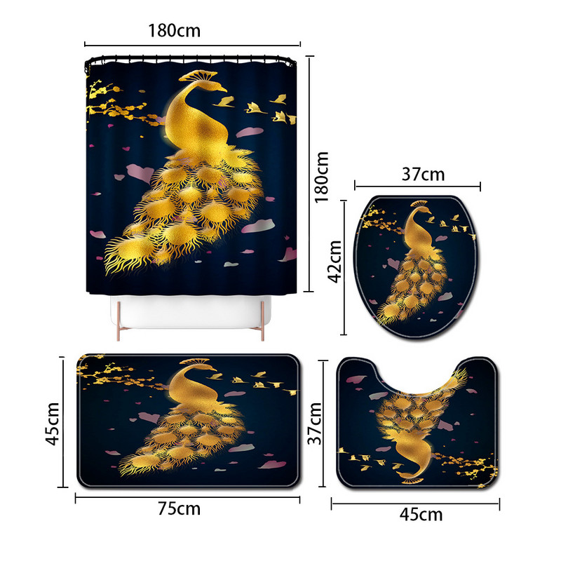 Set kupaonskih prostirki s otisnutim zlatnim paunom i toaletnom prostirkom za kupaonicu s kompletom zavjesa za tuširanje Moderni kućni dekori Kupaonske prostirke za kupanje