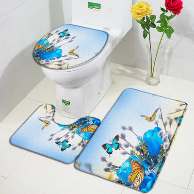 Leptiri Cvijeće Komplet prostirki za kupanje Ljubičasta Žuta Tratinčica Cvjetne biljke Proljetni rustikalni krajolik Kupaonski dekor Neklizajuće prostirke Navlaka za WC