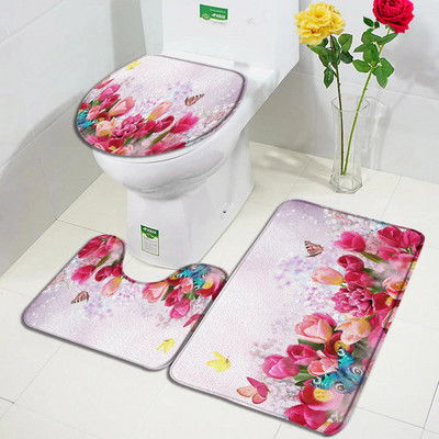 Leptiri Cvijeće Komplet prostirki za kupanje Ljubičasta Žuta Tratinčica Cvjetne biljke Proljetni rustikalni krajolik Kupaonski dekor Neklizajuće prostirke Navlaka za WC