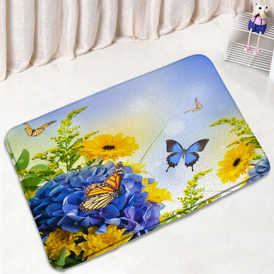 Leptiri Cvijeće Komplet prostirki za kupanje Ljubičasta Žuta Tratinčica Cvjetne biljke Proljetni rustikalni krajolik Kupaonski dekor Neklizajuće prostirke Navlaka za WC