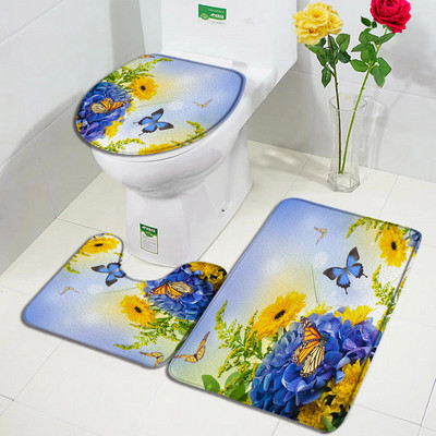 Leptiri Cvijeće Komplet prostirki za kupanje Ljubičasta Žuta Tratinčica Cvjetne biljke Proljetni rustikalni krajolik Kupaonski dekor Neklizajuće prostirke Navlaka za WC