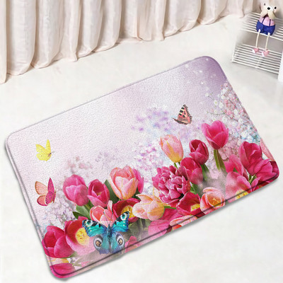 Leptiri Cvijeće Komplet prostirki za kupanje Ljubičasta Žuta Tratinčica Cvjetne biljke Proljetni rustikalni krajolik Kupaonski dekor Neklizajuće prostirke Navlaka za WC