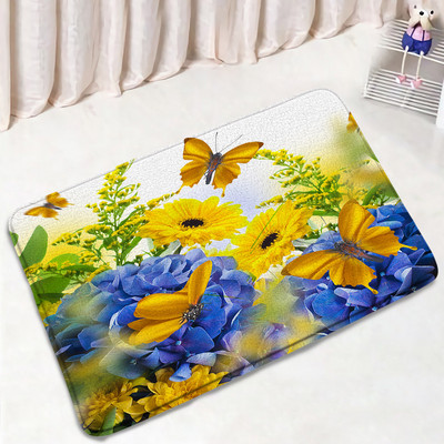 Leptiri Cvijeće Komplet prostirki za kupanje Ljubičasta Žuta Tratinčica Cvjetne biljke Proljetni rustikalni krajolik Kupaonski dekor Neklizajuće prostirke Navlaka za WC