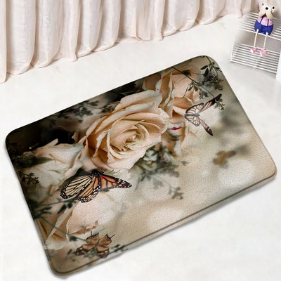 Leptiri Cvijeće Komplet prostirki za kupanje Ljubičasta Žuta Tratinčica Cvjetne biljke Proljetni rustikalni krajolik Kupaonski dekor Neklizajuće prostirke Navlaka za WC