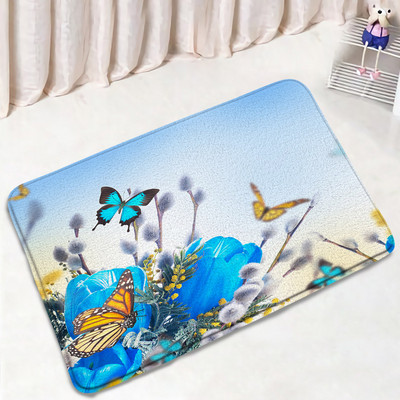 Leptiri Cvijeće Komplet prostirki za kupanje Ljubičasta Žuta Tratinčica Cvjetne biljke Proljetni rustikalni krajolik Kupaonski dekor Neklizajuće prostirke Navlaka za WC