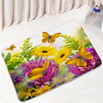 Leptiri Cvijeće Komplet prostirki za kupanje Ljubičasta Žuta Tratinčica Cvjetne biljke Proljetni rustikalni krajolik Kupaonski dekor Neklizajuće prostirke Navlaka za WC