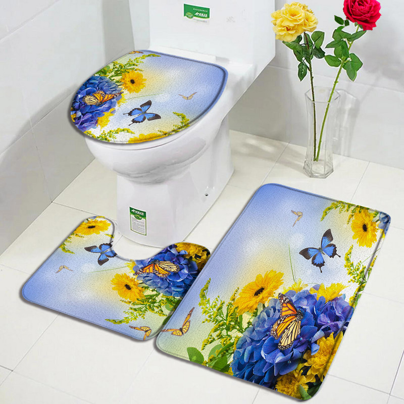 Leptiri Cvijeće Komplet prostirki za kupanje Ljubičasta Žuta Tratinčica Cvjetne biljke Proljetni rustikalni krajolik Kupaonski dekor Neklizajuće prostirke Navlaka za WC