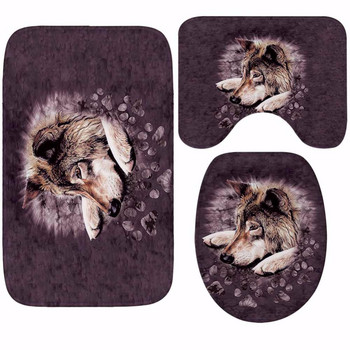 Νέο 3D Cute Animal Wolf Print Κάλυμμα καθίσματος τουαλέτας Στρογγυλό μαξιλάρι 3 τεμαχίων Σετ αξεσουάρ μπανιέρας χαλιού μπάνιου ζεστό μαλακό σετ αξεσουάρ Wc Mat
