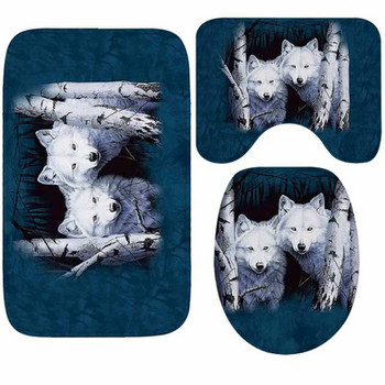Νέο 3D Cute Animal Wolf Print Κάλυμμα καθίσματος τουαλέτας Στρογγυλό μαξιλάρι 3 τεμαχίων Σετ αξεσουάρ μπανιέρας χαλιού μπάνιου ζεστό μαλακό σετ αξεσουάρ Wc Mat