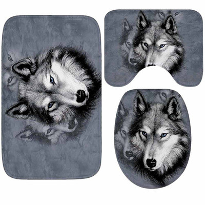 Νέο 3D Cute Animal Wolf Print Κάλυμμα καθίσματος τουαλέτας Στρογγυλό μαξιλάρι 3 τεμαχίων Σετ αξεσουάρ μπανιέρας χαλιού μπάνιου ζεστό μαλακό σετ αξεσουάρ Wc Mat