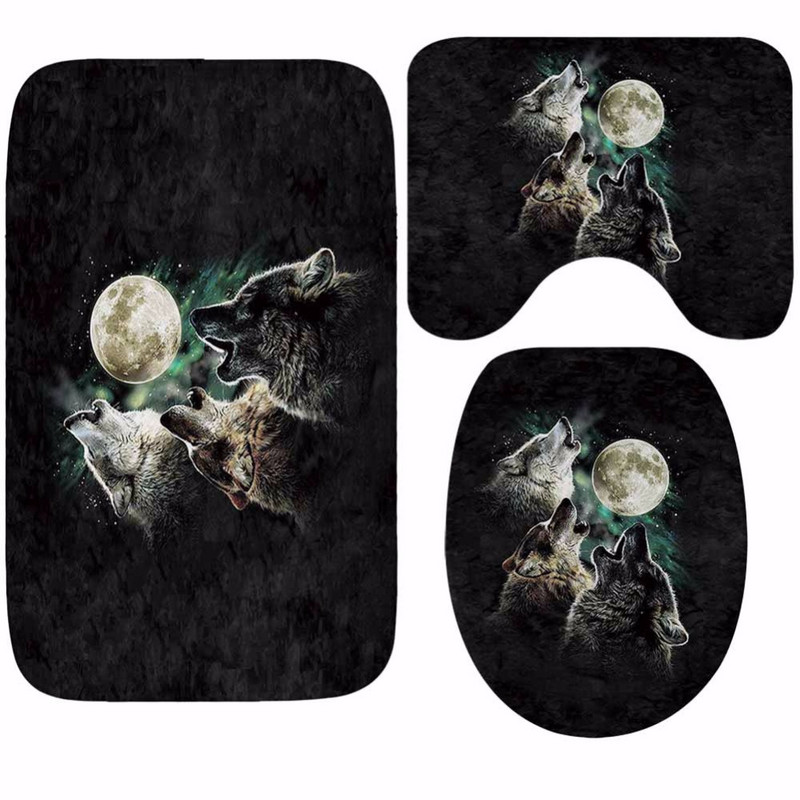 Novi 3D slatki otisak životinjskog vuka, navlaka za WC sjedalo, okrugli jastuk, 3-dijelni set, topao mekani kupaonski tepih, set pribora za kadu, WC prostirka