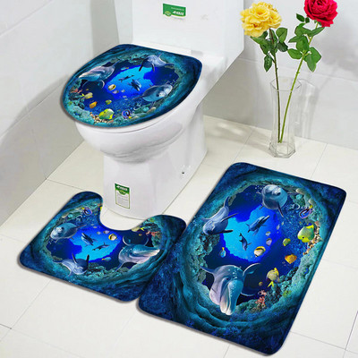 Juokingas delfinų vonios kilimėlio rinkinys Jūros vėžlys Žuvis Gyvūnas Povandeninis Peizažas Vaikams Vonios kambario Dekoras Kilimas Neslystantis kilimėlis Tualeto dangčio kilimėliai
