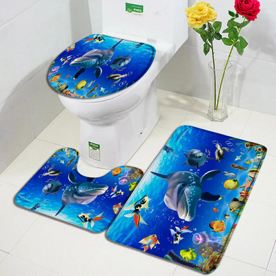 Juokingas delfinų vonios kilimėlio rinkinys Jūros vėžlys Žuvis Gyvūnas Povandeninis Peizažas Vaikams Vonios kambario Dekoras Kilimas Neslystantis kilimėlis Tualeto dangčio kilimėliai