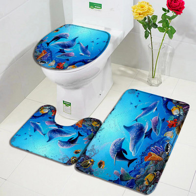 Juokingas delfinų vonios kilimėlio rinkinys Jūros vėžlys Žuvis Gyvūnas Povandeninis Peizažas Vaikams Vonios kambario Dekoras Kilimas Neslystantis kilimėlis Tualeto dangčio kilimėliai
