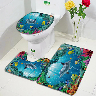 Juokingas delfinų vonios kilimėlio rinkinys Jūros vėžlys Žuvis Gyvūnas Povandeninis Peizažas Vaikams Vonios kambario Dekoras Kilimas Neslystantis kilimėlis Tualeto dangčio kilimėliai