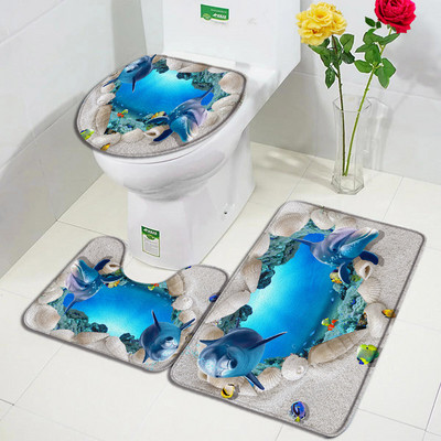 Juokingas delfinų vonios kilimėlio rinkinys Jūros vėžlys Žuvis Gyvūnas Povandeninis Peizažas Vaikams Vonios kambario Dekoras Kilimas Neslystantis kilimėlis Tualeto dangčio kilimėliai