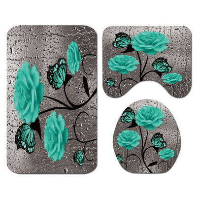 Butterfly lilledega trükitud vannimatt ja dušikardina komplekt Flanellist WC-põrandavaibad Vannitoamatt Libisemisvastane WC-vaibakomplekt