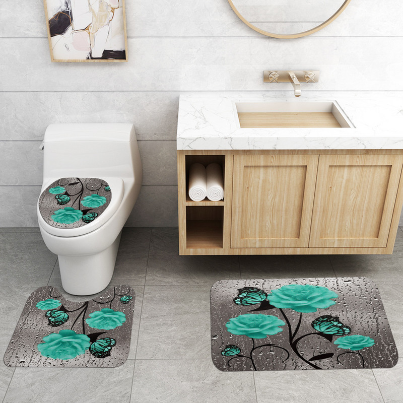 Butterfly lilledega trükitud vannimatt ja dušikardina komplekt Flanellist WC-põrandavaibad Vannitoamatt Libisemisvastane WC-vaibakomplekt
