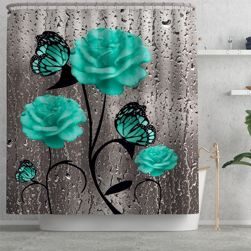 Butterfly lilledega trükitud vannimatt ja dušikardina komplekt Flanellist WC-põrandavaibad Vannitoamatt Libisemisvastane WC-vaibakomplekt