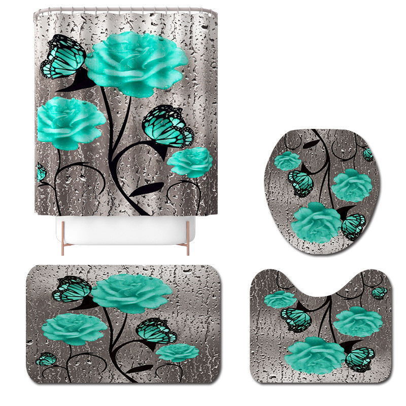 Butterfly lilledega trükitud vannimatt ja dušikardina komplekt Flanellist WC-põrandavaibad Vannitoamatt Libisemisvastane WC-vaibakomplekt