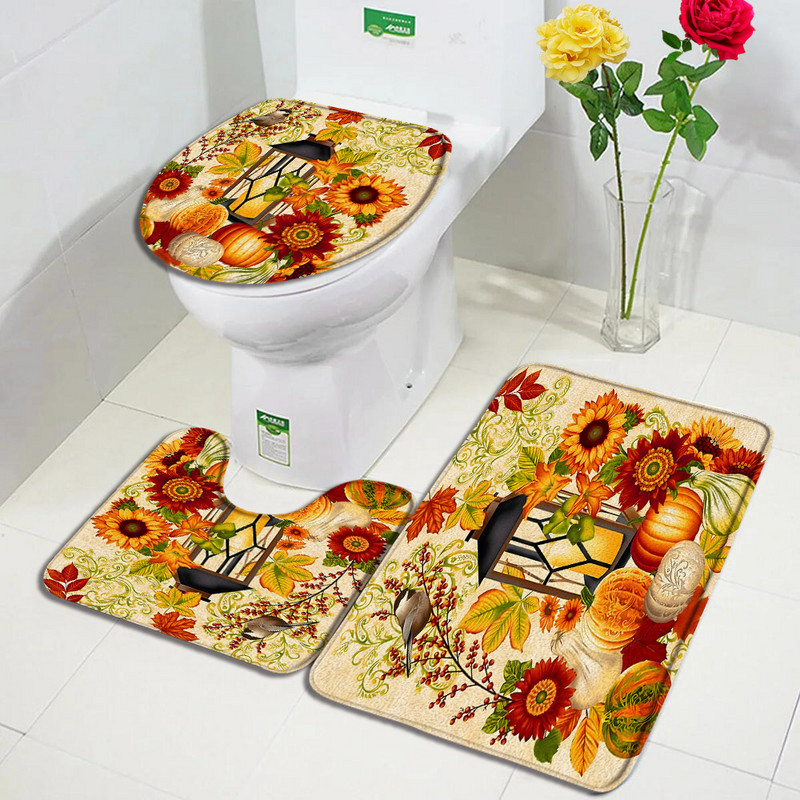 Jesen prostirke za kupanje Set od 3 komada Farma Bundeva Crveni javor Suncokret Jesen Dan zahvalnosti Tepih Dekoracija kupaonice Neklizajući tepih Podmetač za WC školjku