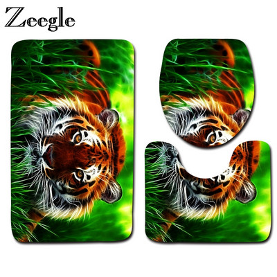 Zeegle 3 τεμ./Σετ Tiger Pattern Anti-silp Χαλάκια μπάνιου Τουαλέτας Φανελένιο περίγραμμα Χαλί Τουαλέτας Κάλυμμα Χαλί Τουαλέτας Προϊόντα μπάνιου