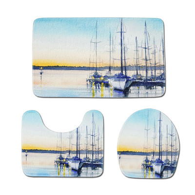 Eļļas glezna Drukāšana Pretslīdes vannas paklāju komplekti Kanoe Vannas istabas grīdas paklājs Pretslīdošs dušas paklājiņš tualetes pjedestāla paklājs vannas istabai