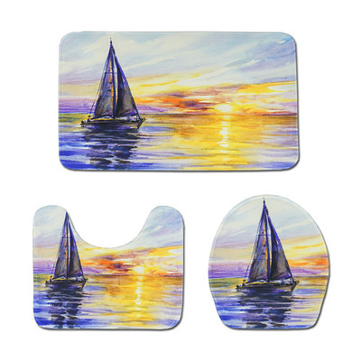 Eļļas glezna Drukāšana Pretslīdes vannas paklāju komplekti Kanoe Vannas istabas grīdas paklājs Pretslīdošs dušas paklājiņš tualetes pjedestāla paklājs vannas istabai