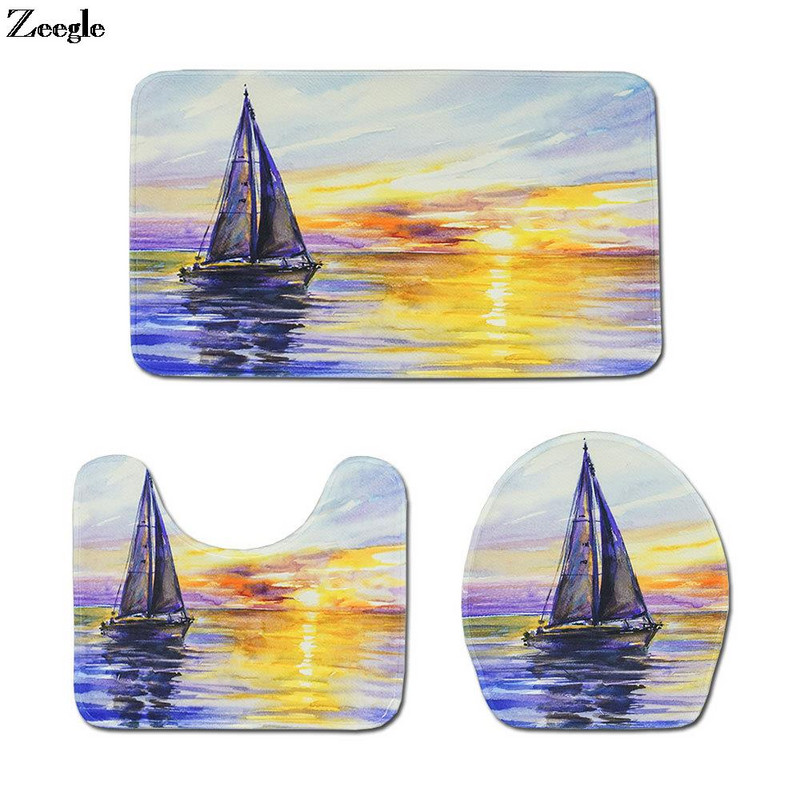 Eļļas glezna Drukāšana Pretslīdes vannas paklāju komplekti Kanoe Vannas istabas grīdas paklājs Pretslīdošs dušas paklājiņš tualetes pjedestāla paklājs vannas istabai