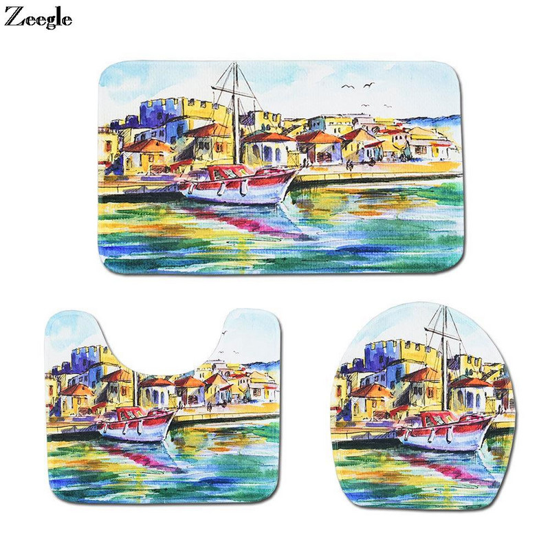 Eļļas glezna Drukāšana Pretslīdes vannas paklāju komplekti Kanoe Vannas istabas grīdas paklājs Pretslīdošs dušas paklājiņš tualetes pjedestāla paklājs vannas istabai