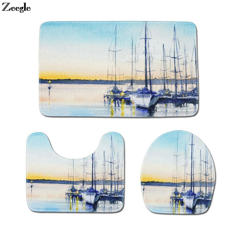 Eļļas glezna Drukāšana Pretslīdes vannas paklāju komplekti Kanoe Vannas istabas grīdas paklājs Pretslīdošs dušas paklājiņš tualetes pjedestāla paklājs vannas istabai