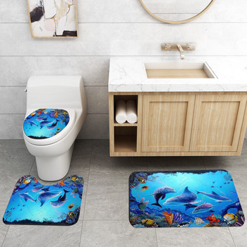Dolphin Printed Modern Home Decor Χαλάκια μπάνιου και Σετ κουρτινών ντους σε σχήμα U Χαλάκι ποδιού τουαλέτας Αντιολισθητικό μαξιλαράκι μπάνιου