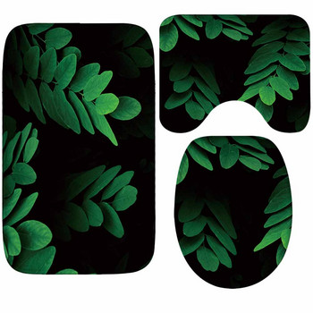 Φανελένιο 3τμχ Σετ χαλάκια μπάνιου Μικροΐνες Μοτίβο πράσινου φύλλου Πατάκια μπάνιου Αντιολισθητικά Σετ χαλιών μπάνιου και τουαλέτας