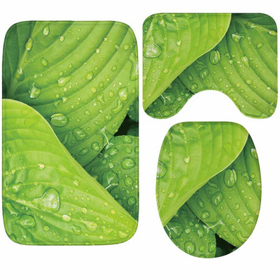 Flanel set kupaonskih prostirki od 3 komada Mikrovlakana s uzorkom zelenog lišća Kupaonske prostirke protiv klizanja i set WC prostirki