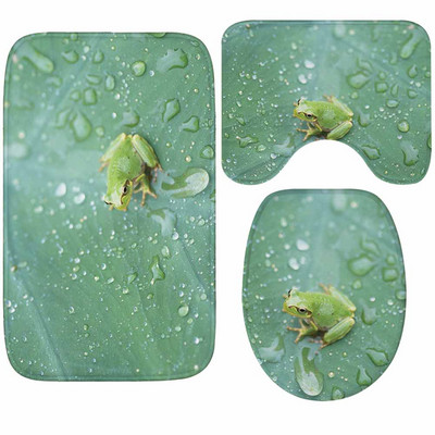 Flanel set kupaonskih prostirki od 3 komada Mikrovlakana s uzorkom zelenog lišća Kupaonske prostirke protiv klizanja i set WC prostirki