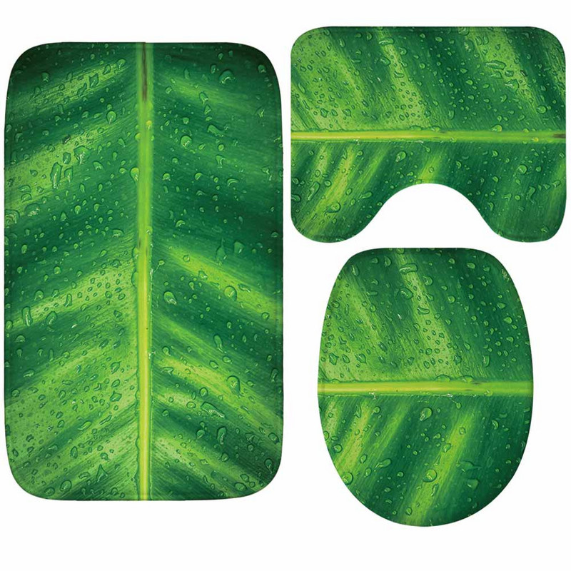 Flanel set kupaonskih prostirki od 3 komada Mikrovlakana s uzorkom zelenog lišća Kupaonske prostirke protiv klizanja i set WC prostirki