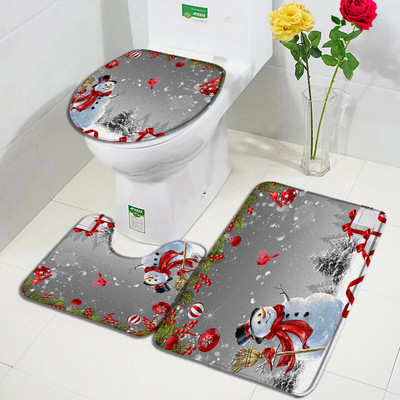 Božićni snjegović Set prostirki za kupanje Crvene ptice Bor Snijeg Zimski šumski krajolik Nova godina Kupaonski dekor Protuklizna prostirka Poklopac za WC školjku
