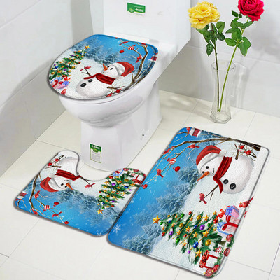 Božićni snjegović Set prostirki za kupanje Crvene ptice Bor Snijeg Zimski šumski krajolik Nova godina Kupaonski dekor Protuklizna prostirka Poklopac za WC školjku